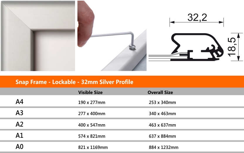 Snap Frame Lockable 32mm Silver Profile